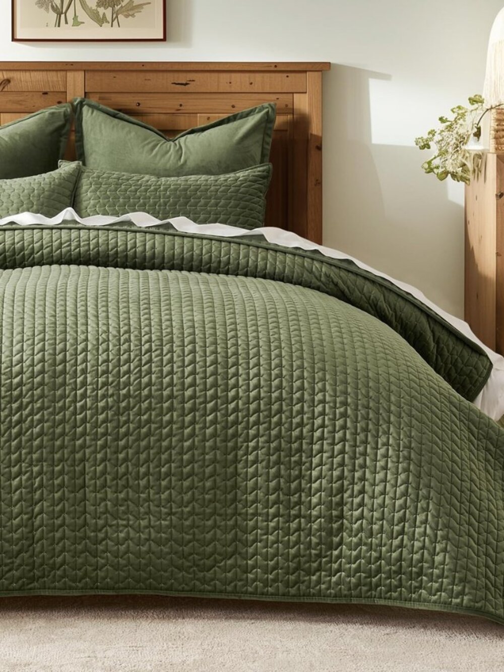 Cross-Stitch Velvet Quilt Set, Queen Size, Loden Green